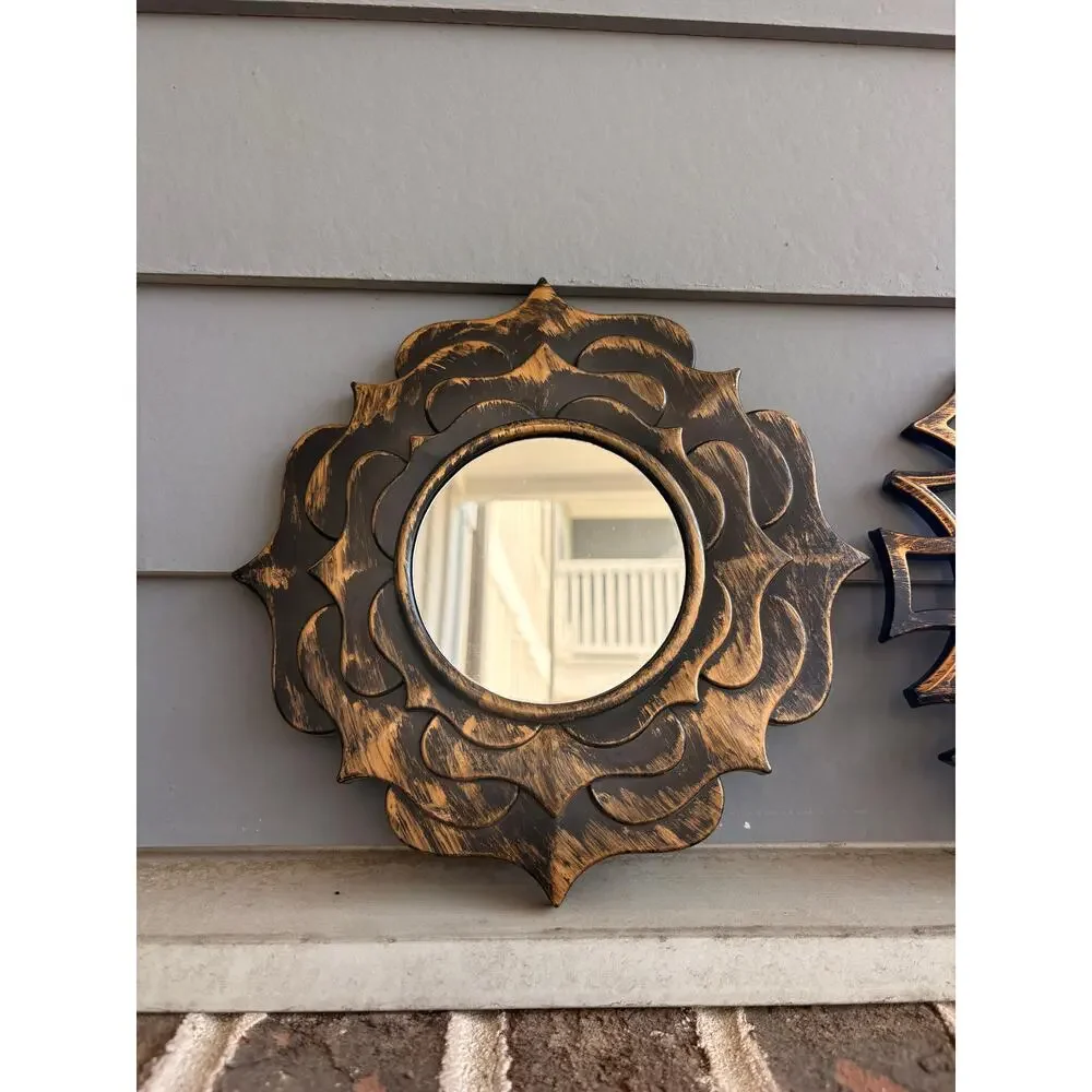 Set of 2 Black Gold Sunburst Accent Mirrors 9” Round Decorative Wall Mirrors